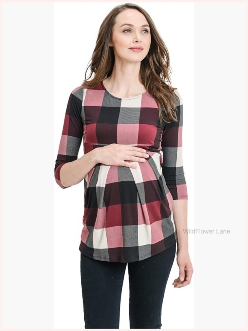 Maternity Round Neck 3/4 Sleeve Pleated Peplum Top